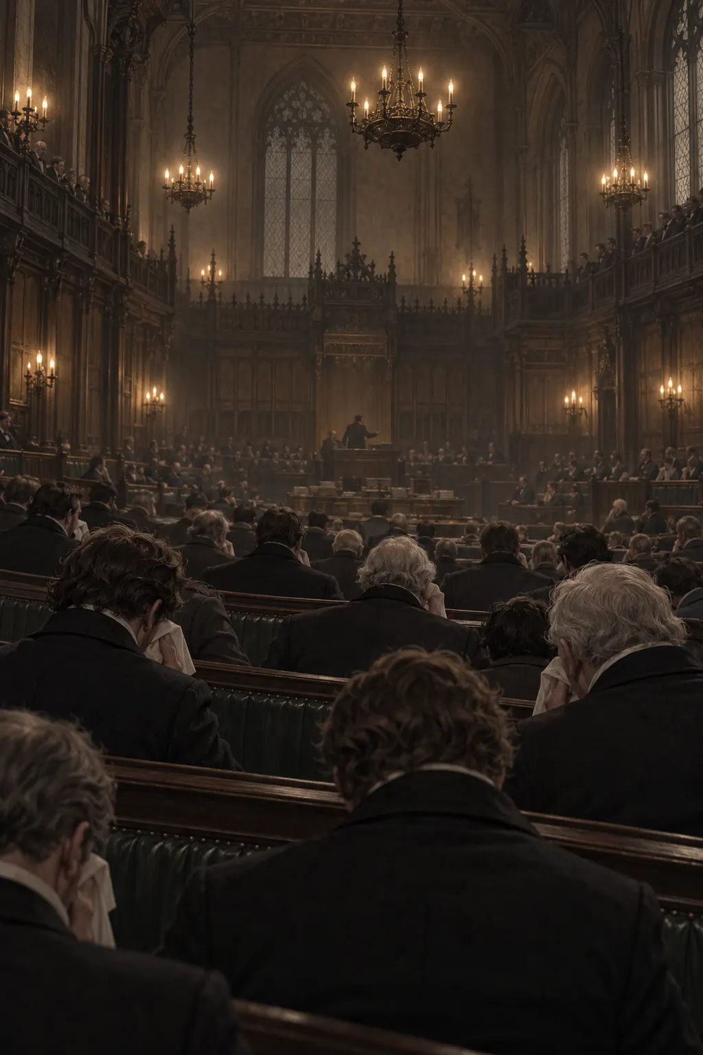 Reconstruction: members seen from behind in the benches of the chamber, some holding handkerchiefs to their noses