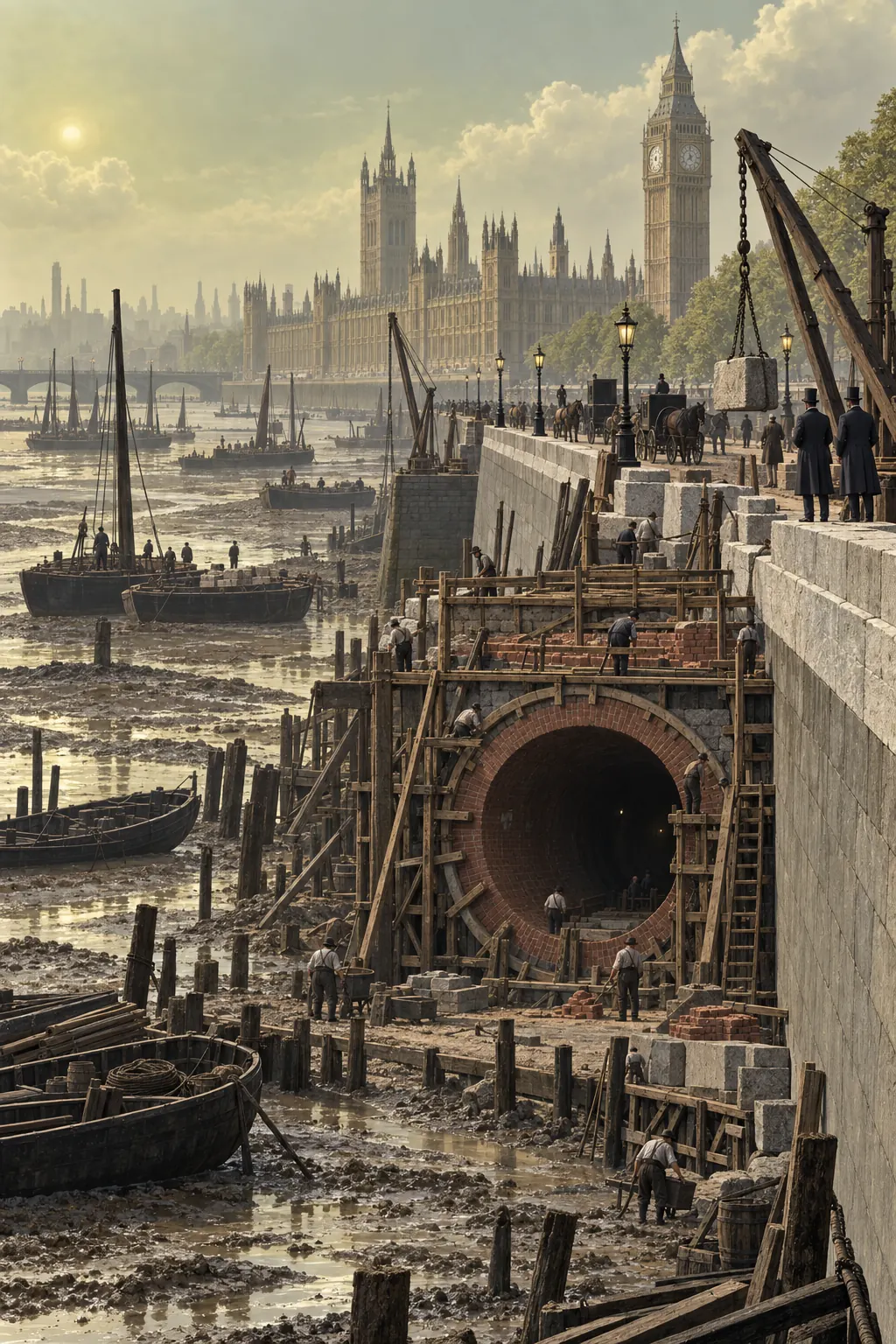 Reconstruction: an embankment under construction with a brick sewer tunnel, scaffolding and distant workmen