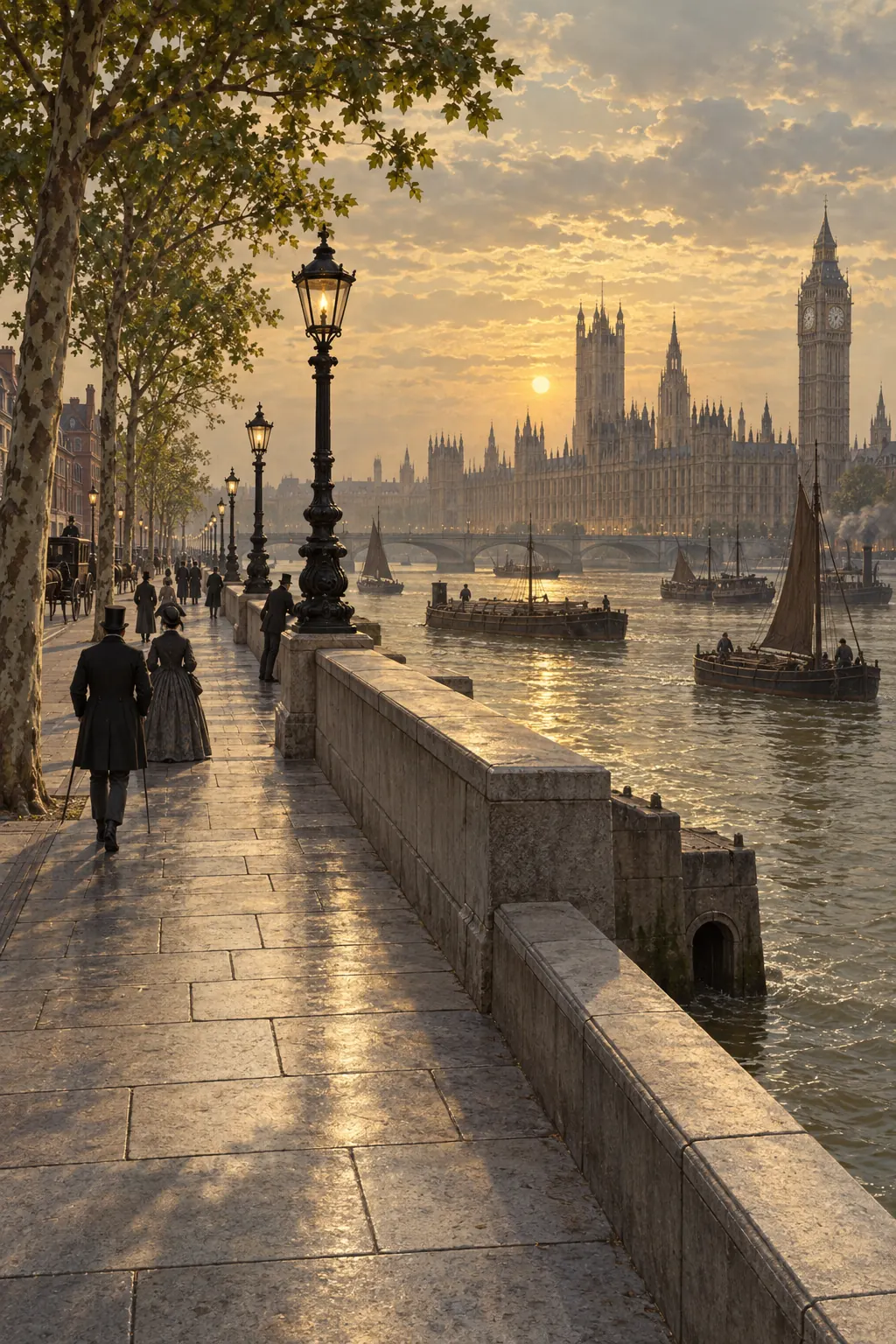 Reconstruction: the finished embankment with street lamps, a promenade and a clearer river