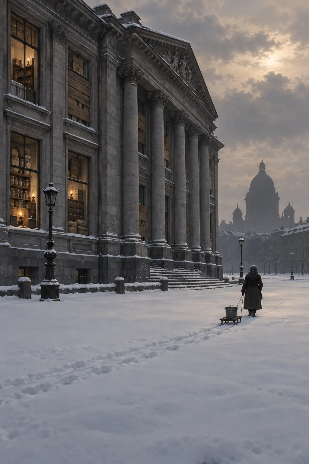 Reconstruction: snow-covered square in front of a neoclassical institute building, a sledge carrying a water barrel