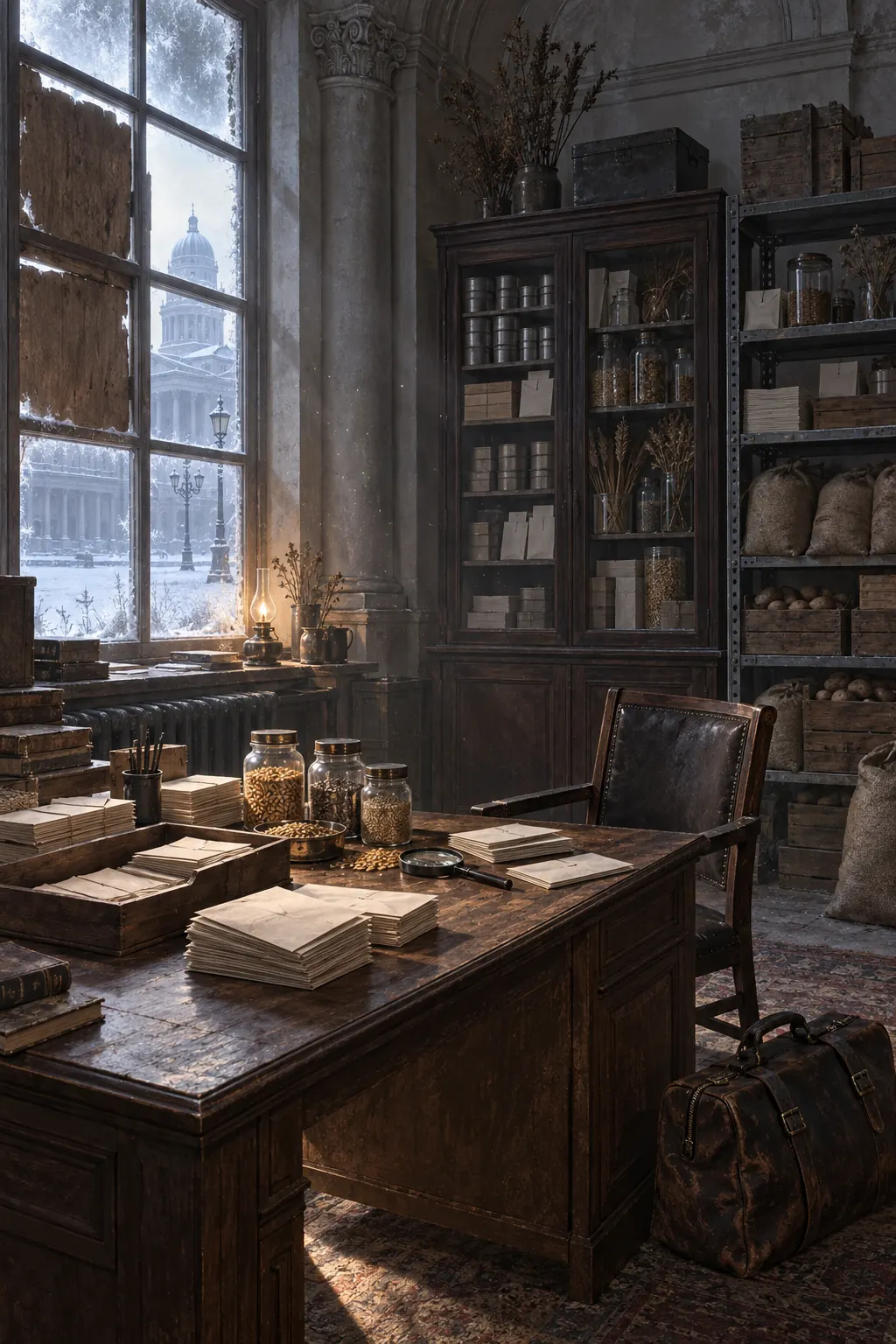 Reconstruction: an empty desk with specimen envelopes, a magnifying glass and a vacant chair