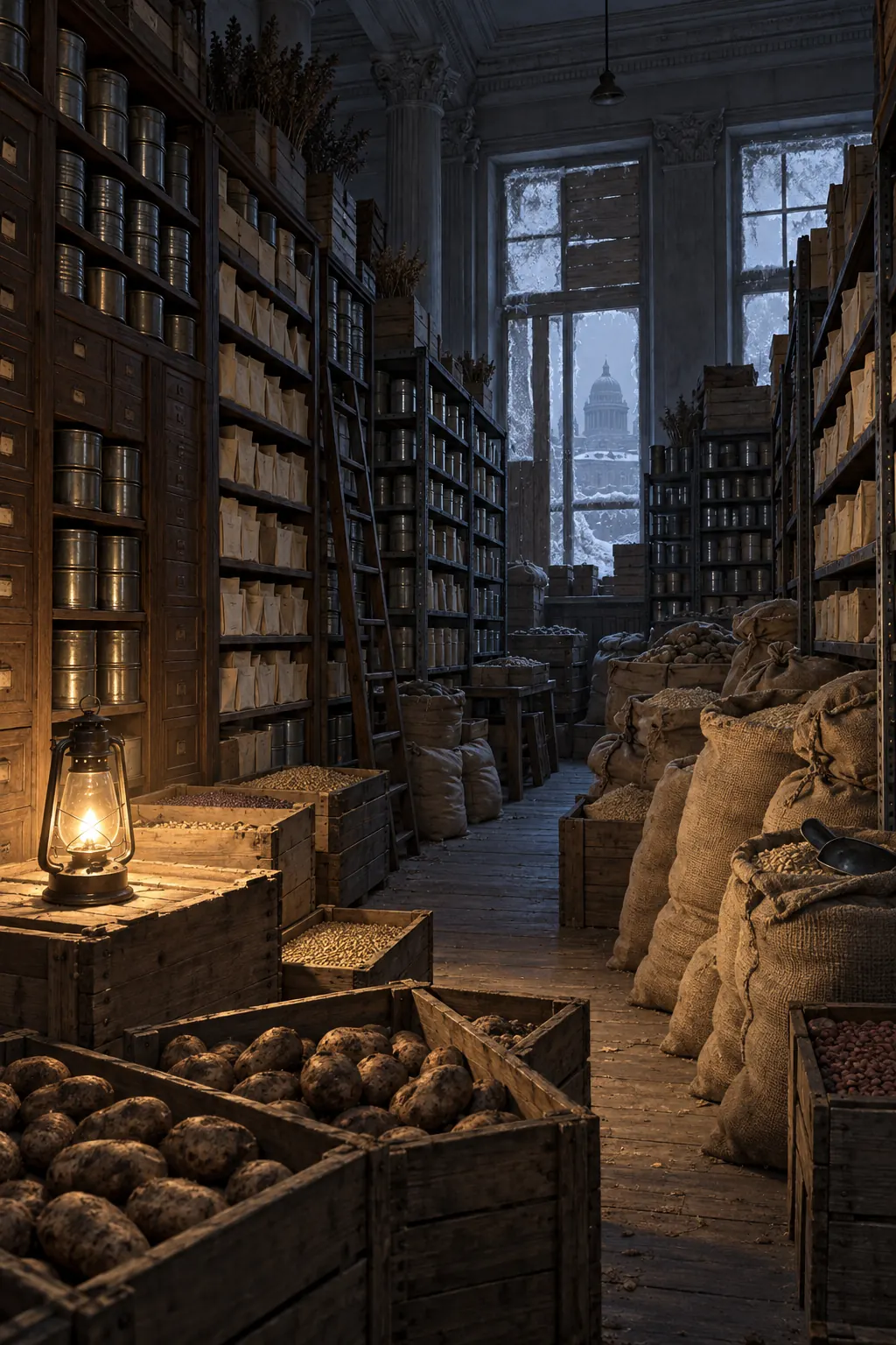 Reconstruction: a storeroom stacked to the ceiling with tins, sacks and potato crates