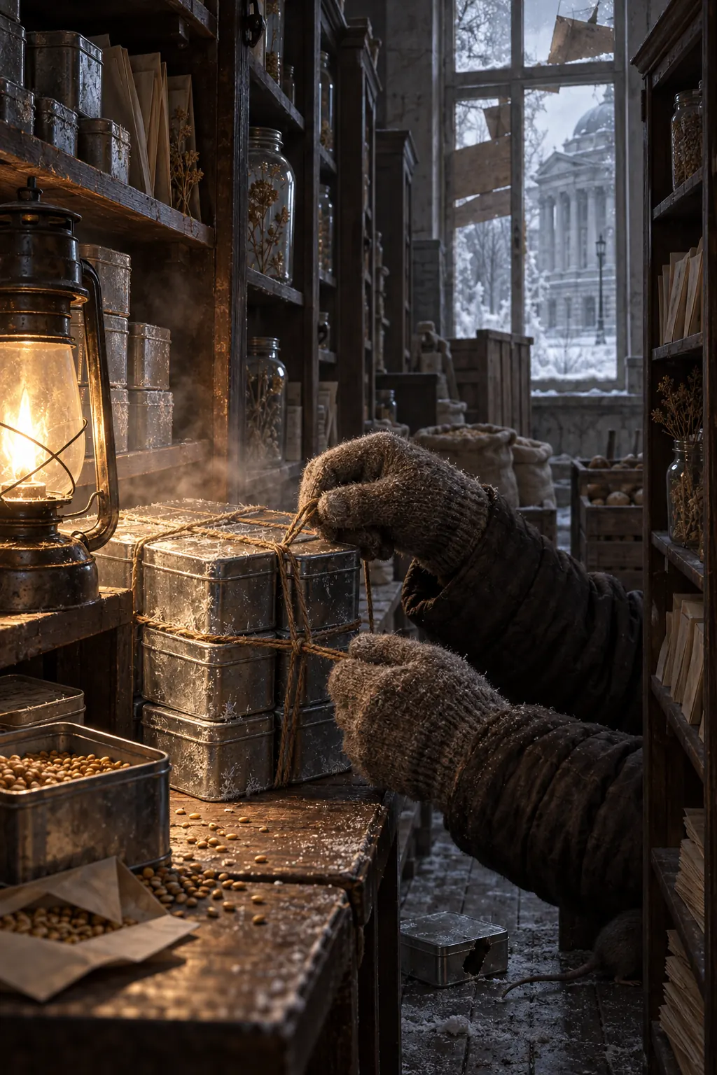 Reconstruction: tins tied into bundles with string, a rat's tail vanishing into a corner