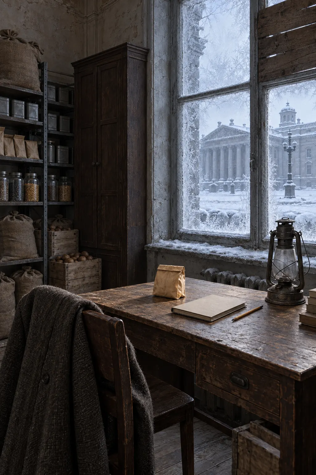 Reconstruction: an empty desk with a small paper bag on it and a coat over the chair