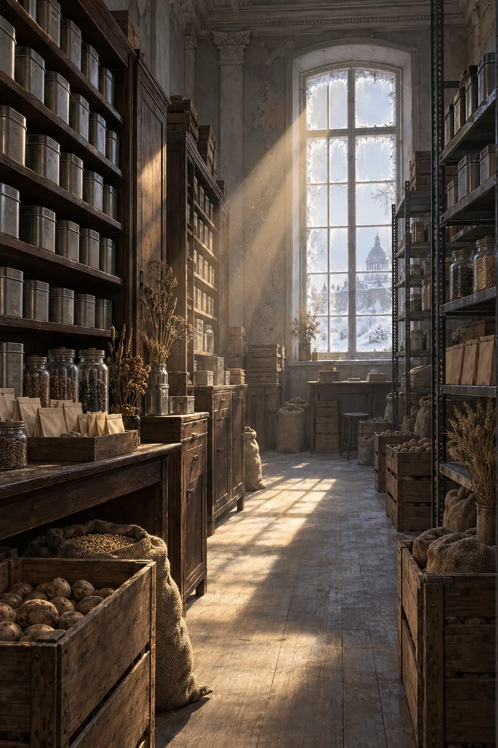 Reconstruction: spring light through boarded windows falling on dusty tins