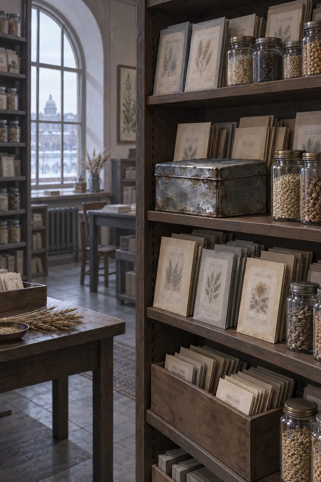 Reconstruction: rows of seed envelopes and jars on a modern storage shelf