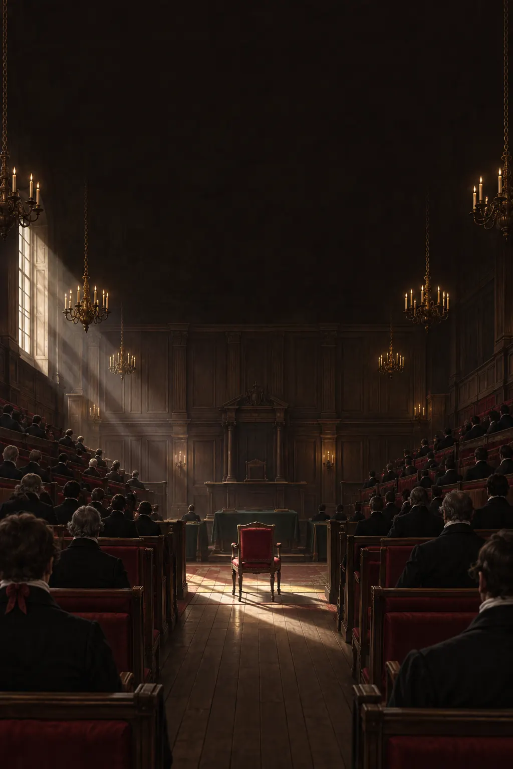 Reconstruction: a long chamber with a single empty chair lit from above