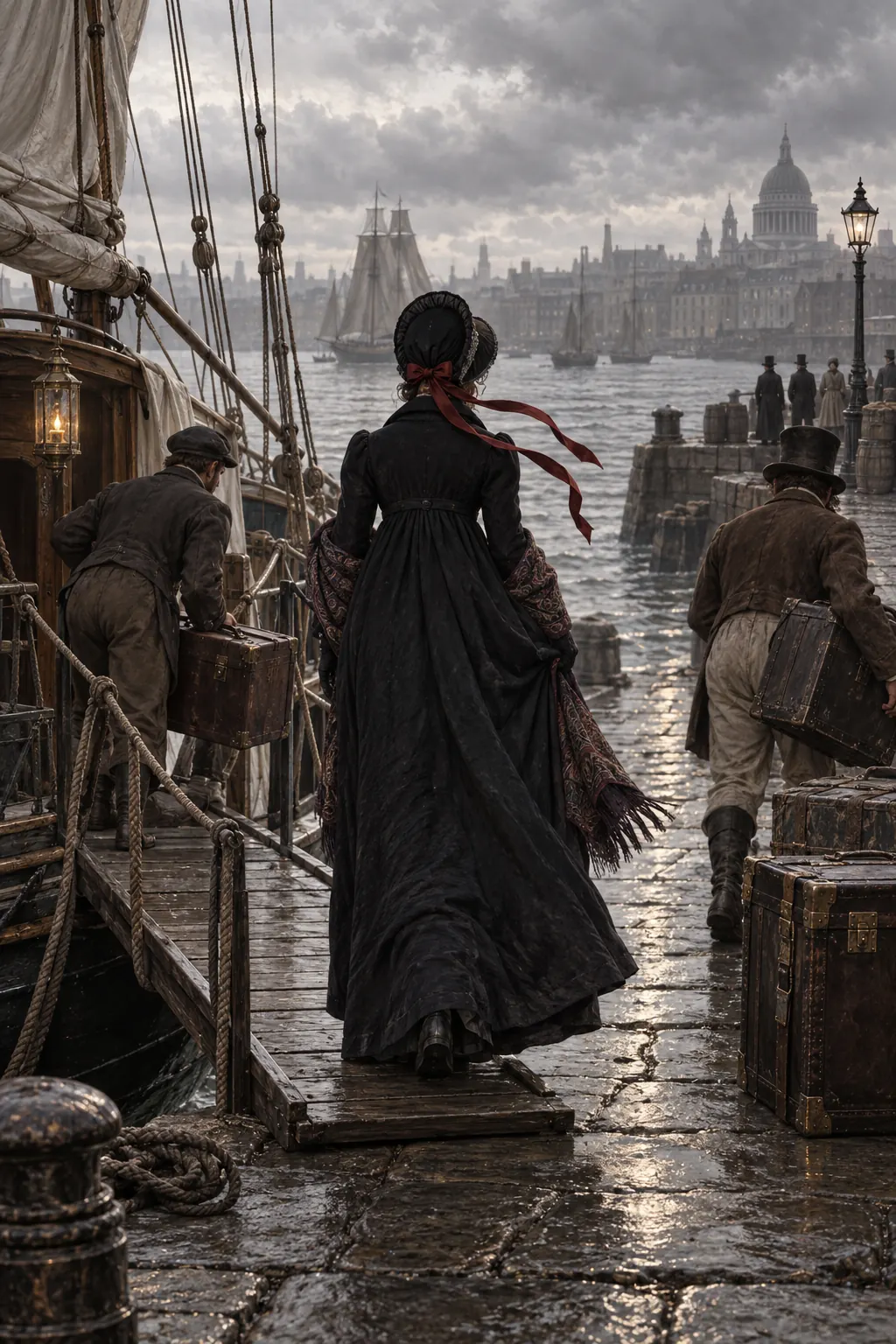 Reconstruction: a woman seen from behind on a quay beside a travel trunk, dress of 1820