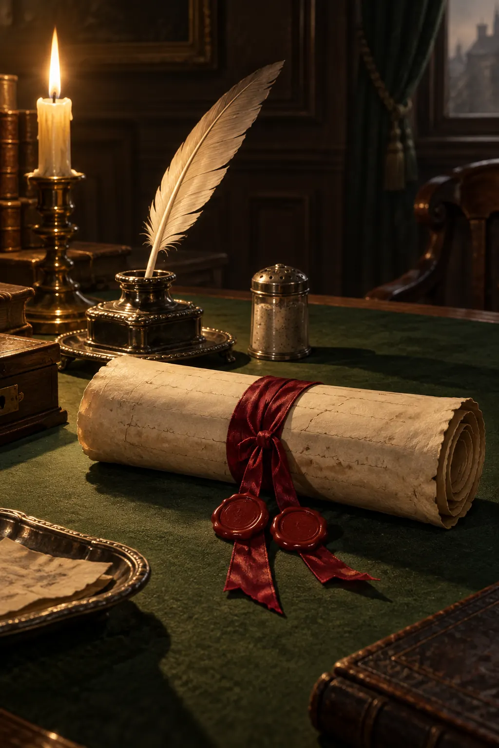 Reconstruction: a bill tied with red tape beside a quill, the writing illegible