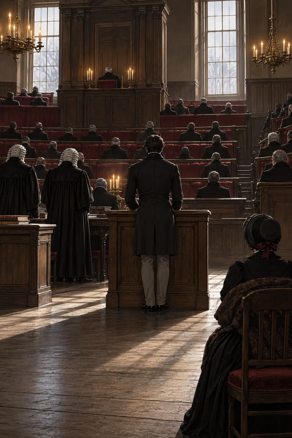 Reconstruction: a hearing in the House of Lords: a witness and the queen, both seen from behind
