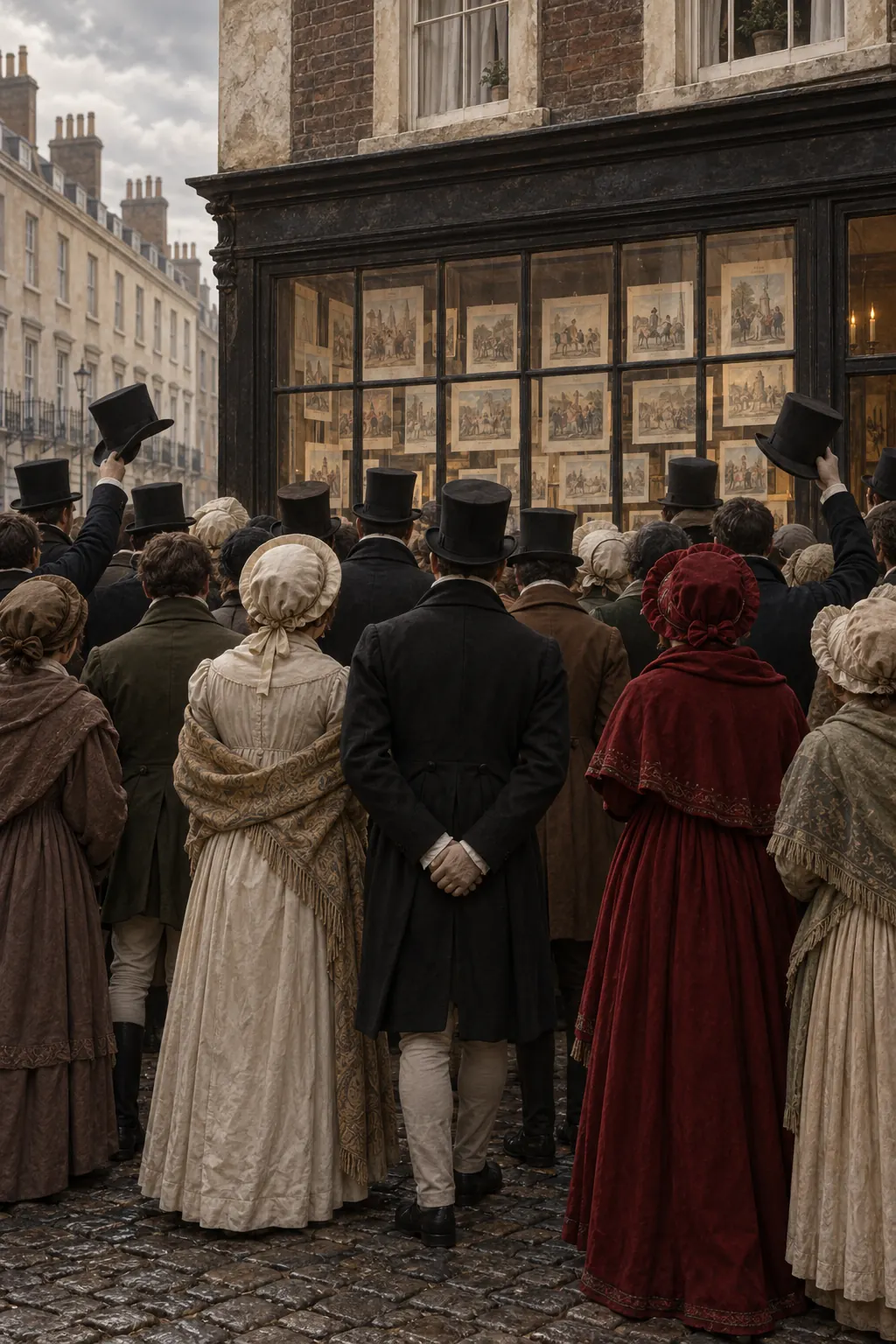 Reconstruction: a crowd seen from behind outside a print shop window of caricatures