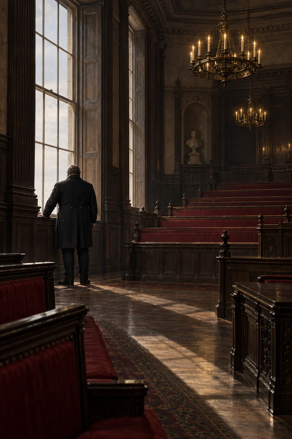 Reconstruction: a man standing alone at the window of a large room, seen from behind