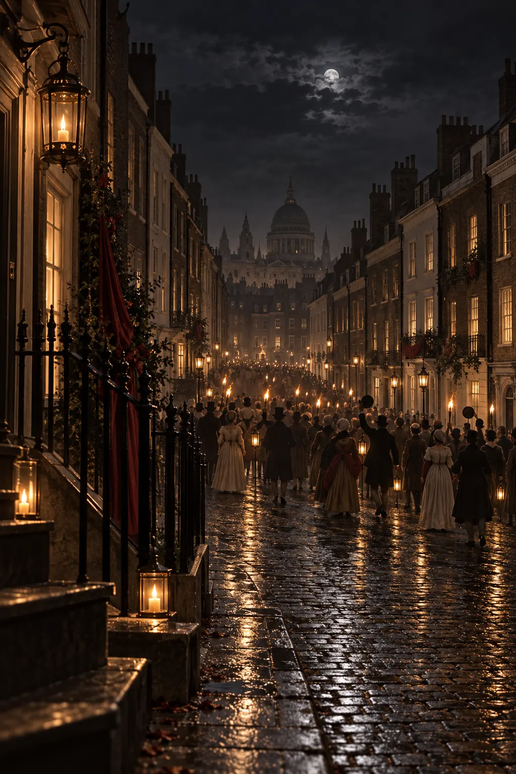 Reconstruction: torches and a crowd waving hats in a street at night, seen from afar
