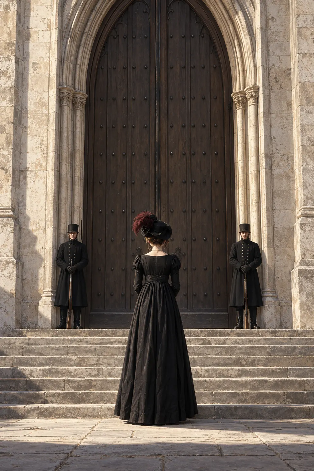 Reconstruction: a small figure of a woman standing before the closed west door of an abbey