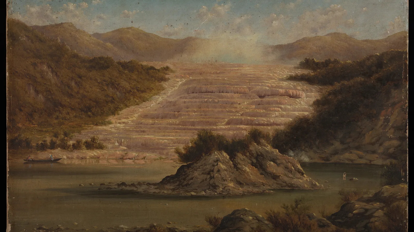 Oil painting of pale pink stepped silica terraces descending to a lake