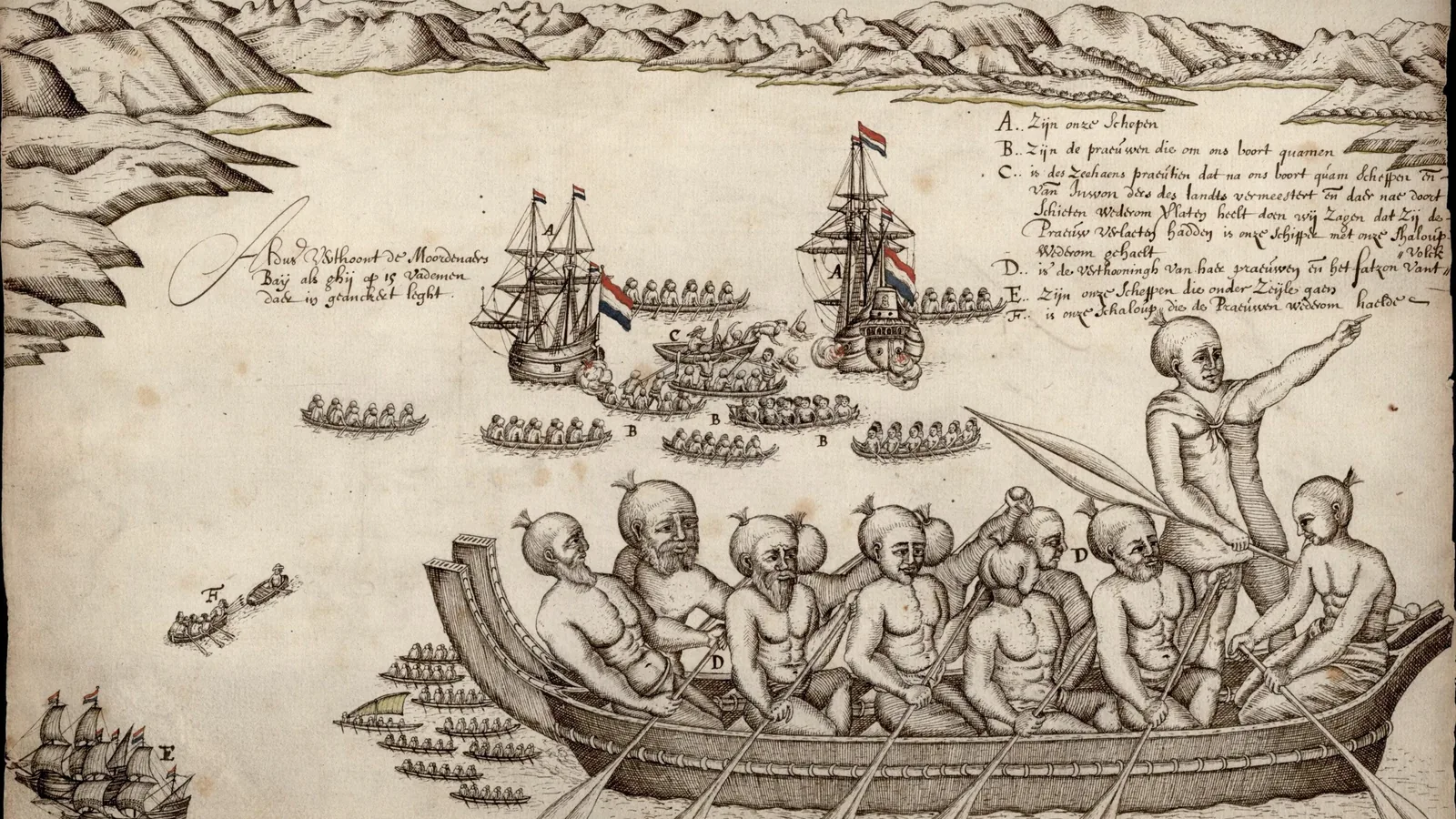 a seventeenth-century drawing of two ships at anchor with several canoes full of people on the water between them
