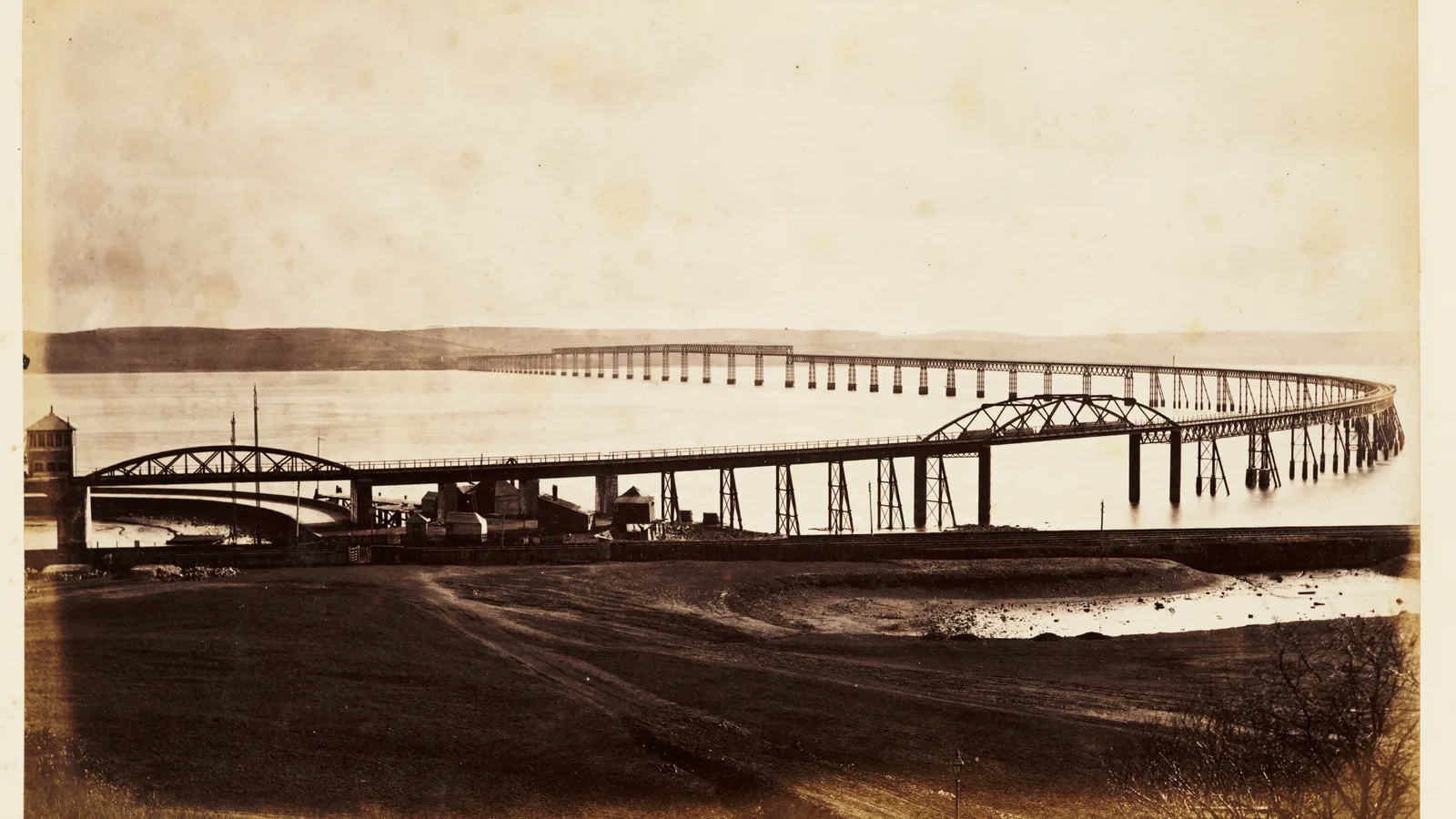 The original lattice-girder Tay Bridge spanning the Firth of Tay, photographed before its collapse