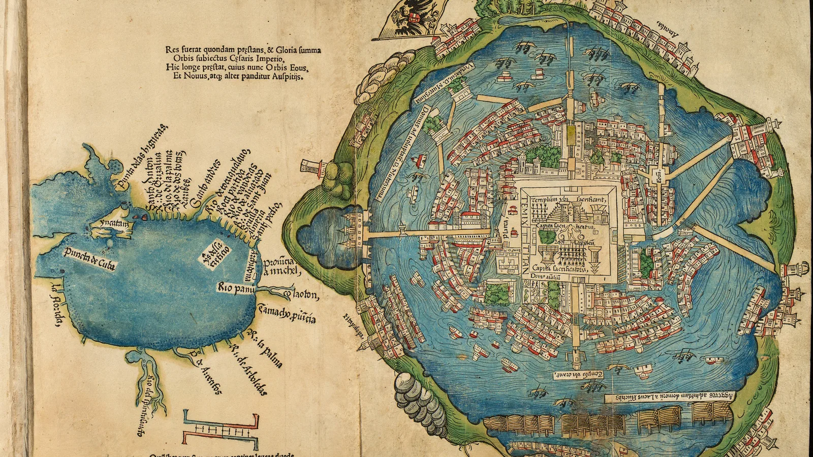 Colored woodcut map of island Tenochtitlan with four causeways, canals and a walled temple precinct, 1524