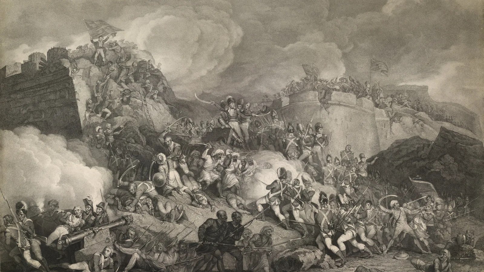 Engraving of British troops scaling the breach in the walls of Seringapatam amid smoke and fighting
