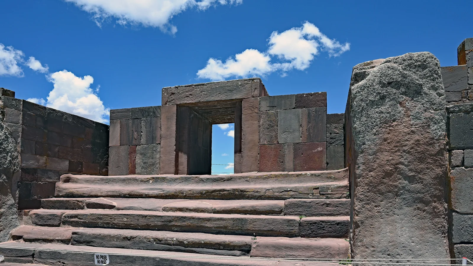 Stone stairway leading up to the entrance doorway of the Kalasasaya temple wall