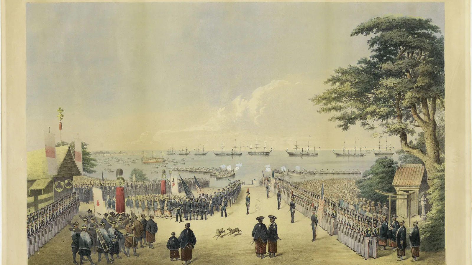 A colored lithograph of ranks of sailors and marines landing on a shore lined with tents and buildings
