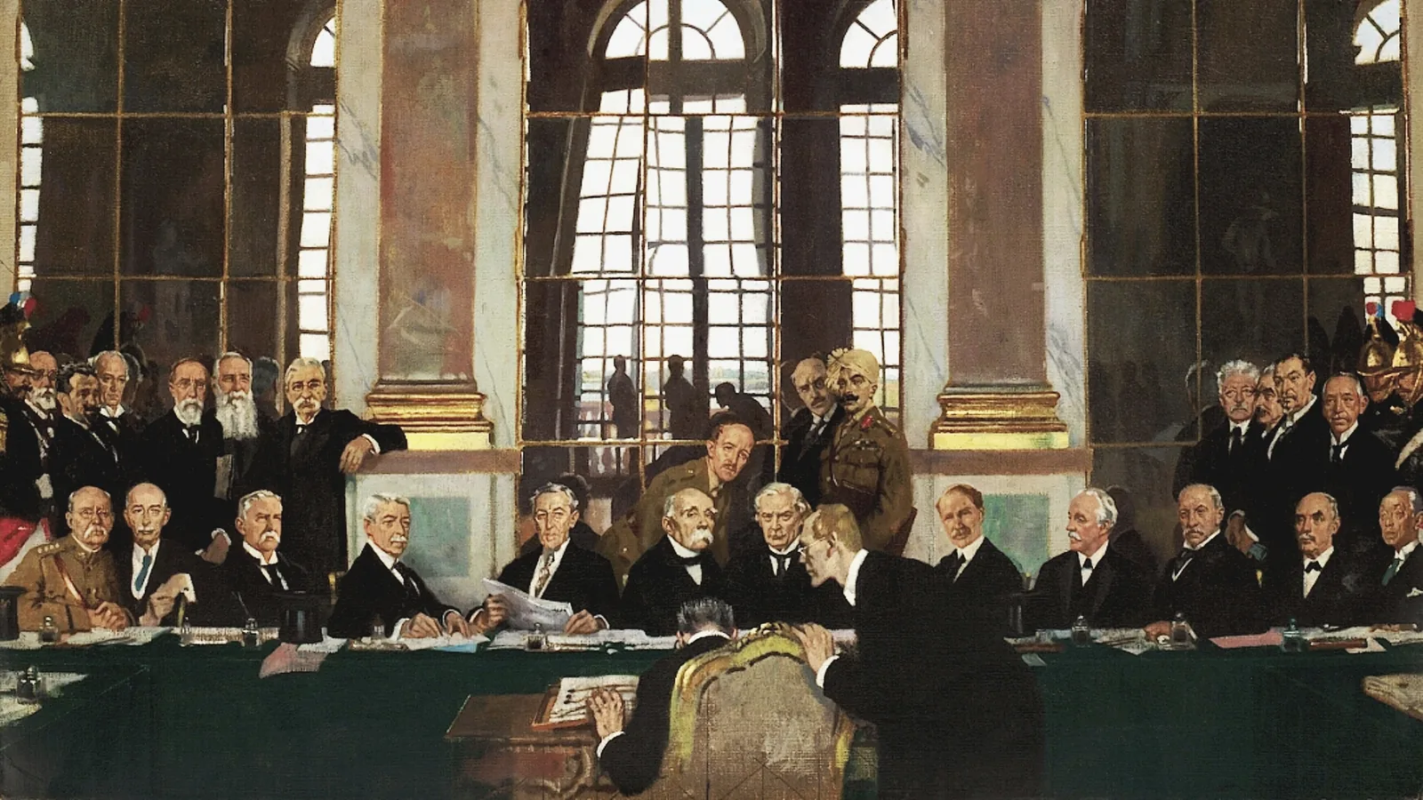 a painting of statesmen seated at a long table in a mirrored hall while a delegate signs a document