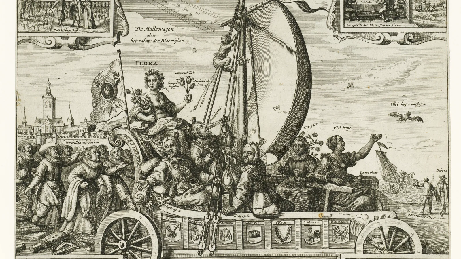 Allegorical print of Flora riding a wind-driven cart with flower traders