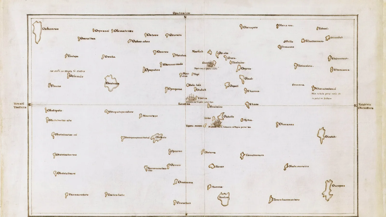an 18th-century manuscript chart with dozens of small hand-drawn islands and handwritten names