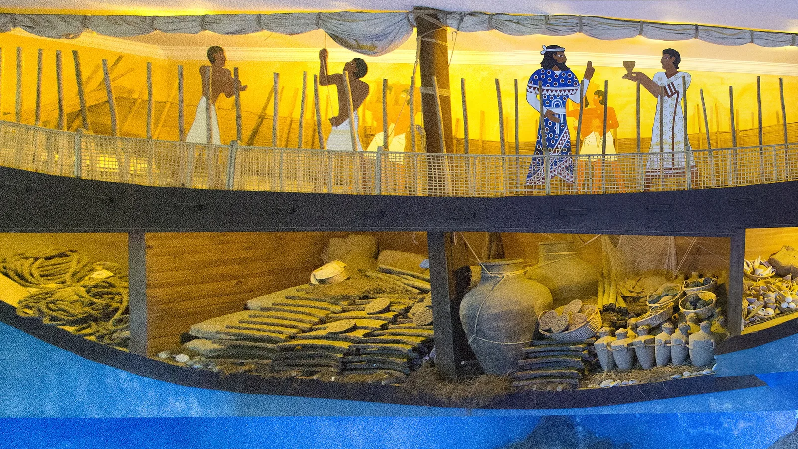 Full-scale museum reconstruction of the Uluburun ship's hold packed with cargo