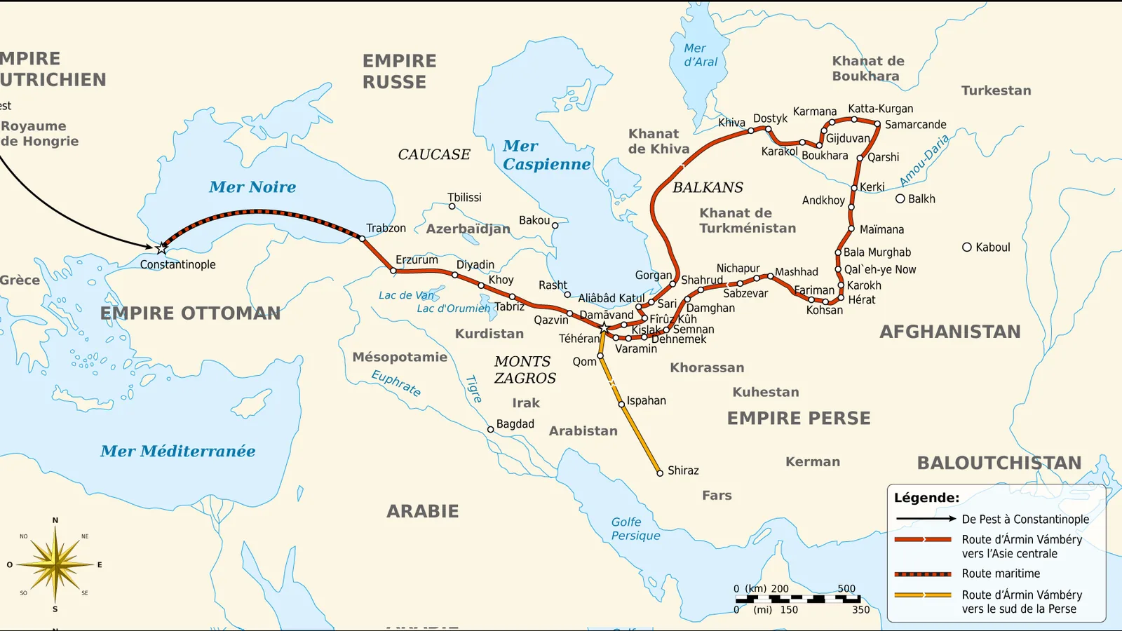 Map of Central Asia between the Caspian Sea and Samarkand with a marked route through Khiva, Bukhara and Herat