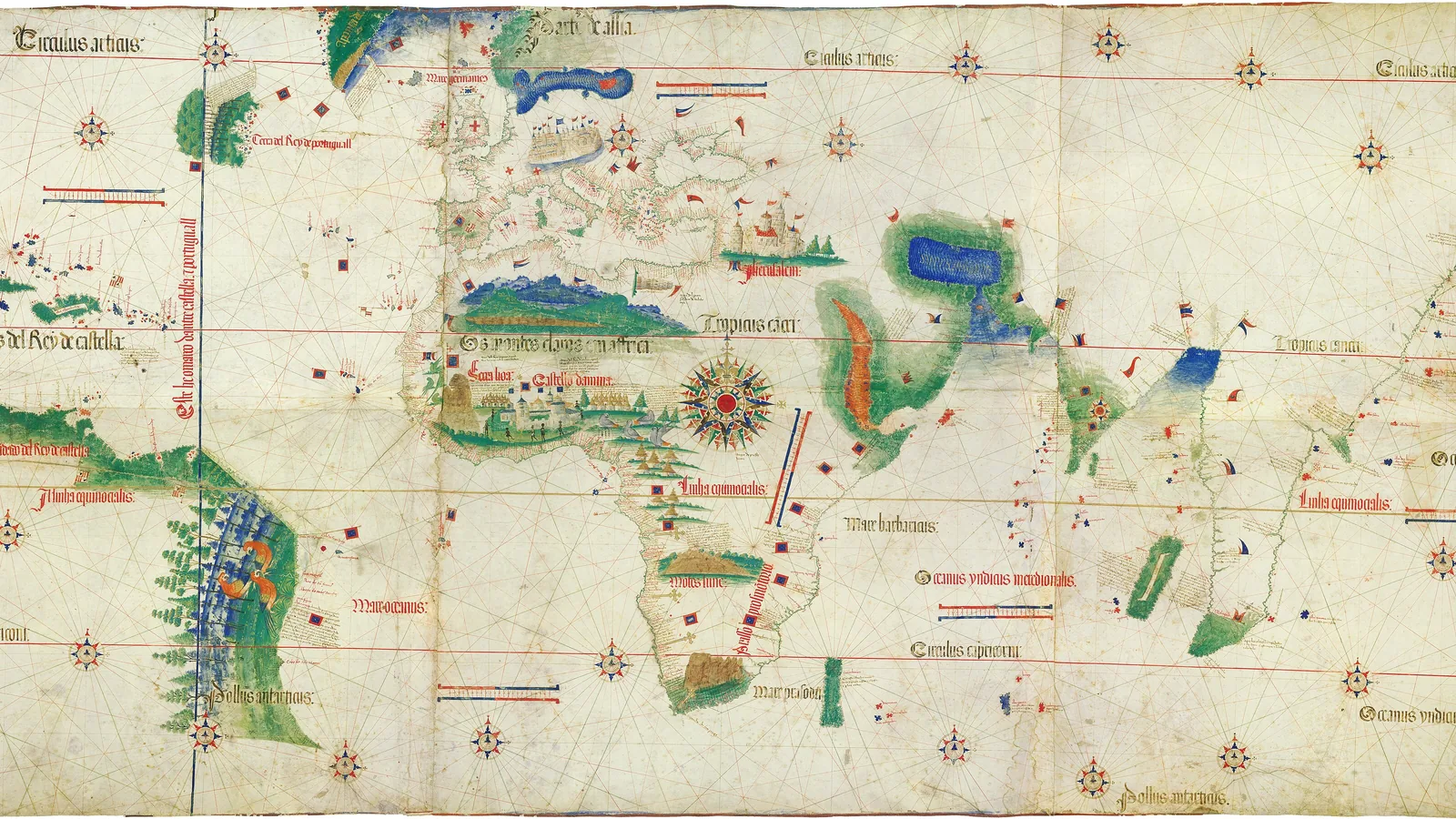 a hand-drawn world map on parchment showing coastlines of Africa, Europe and the Indian Ocean in ink and color