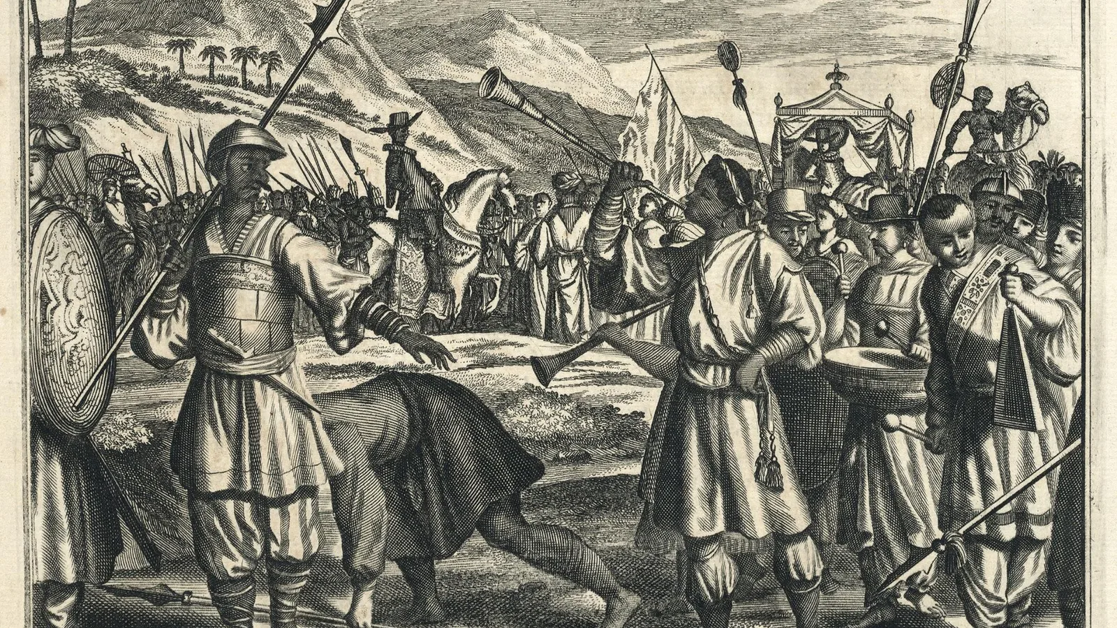 a seventeenth-century engraving of a procession with trumpeters, drummers, spearmen and a canopied litter
