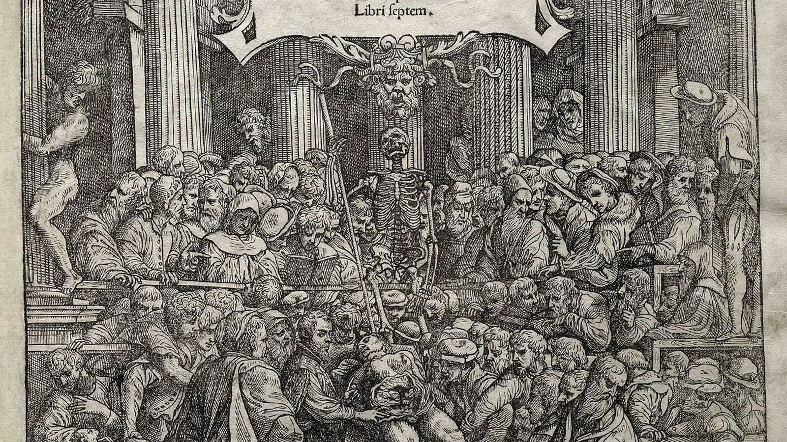 A woodcut title page showing a crowd around a dissection table in a round theater, with a skeleton raised above the body