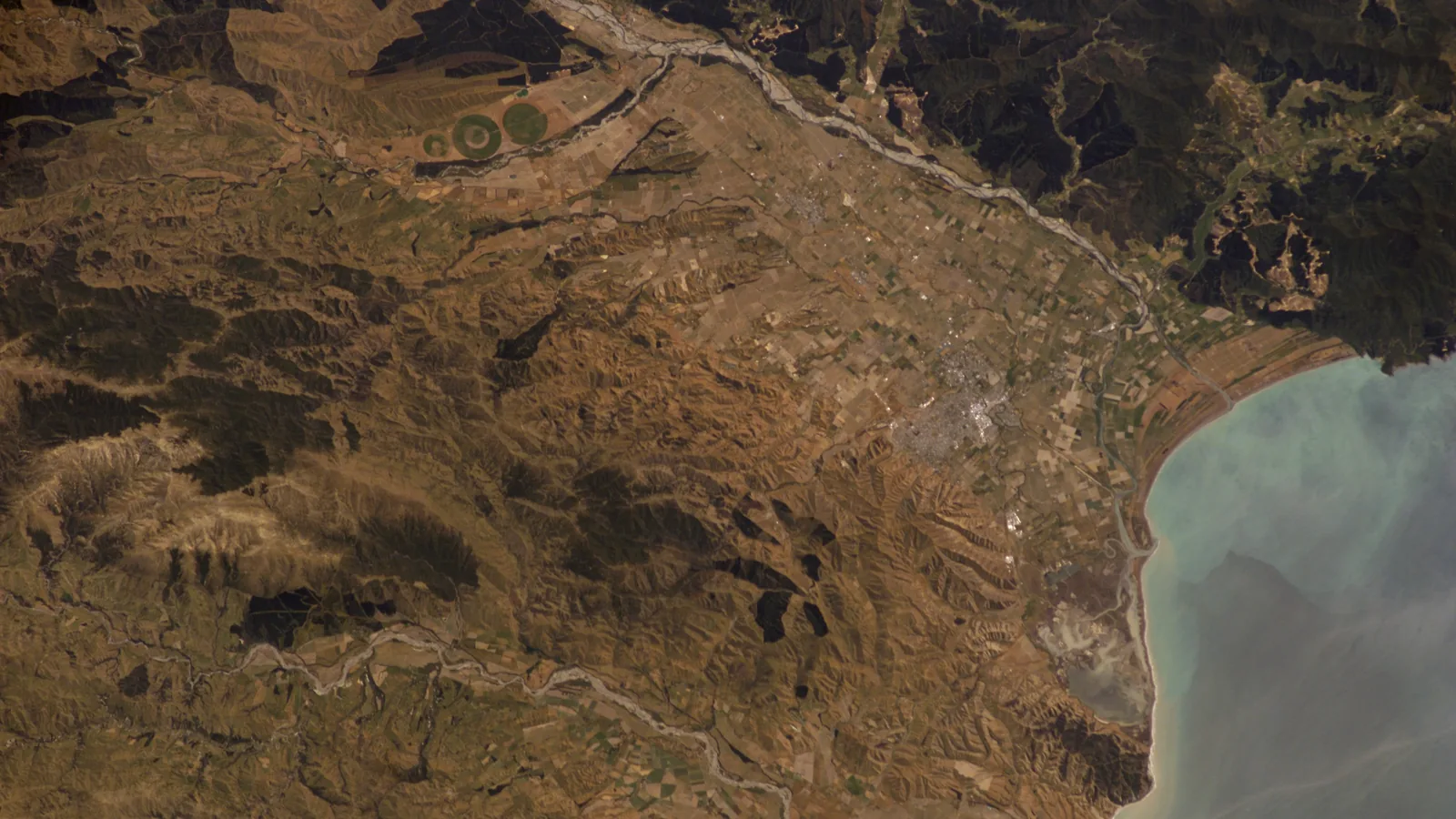 Satellite view of Cloudy Bay and the Wairau River mouth on New Zealand's South Island