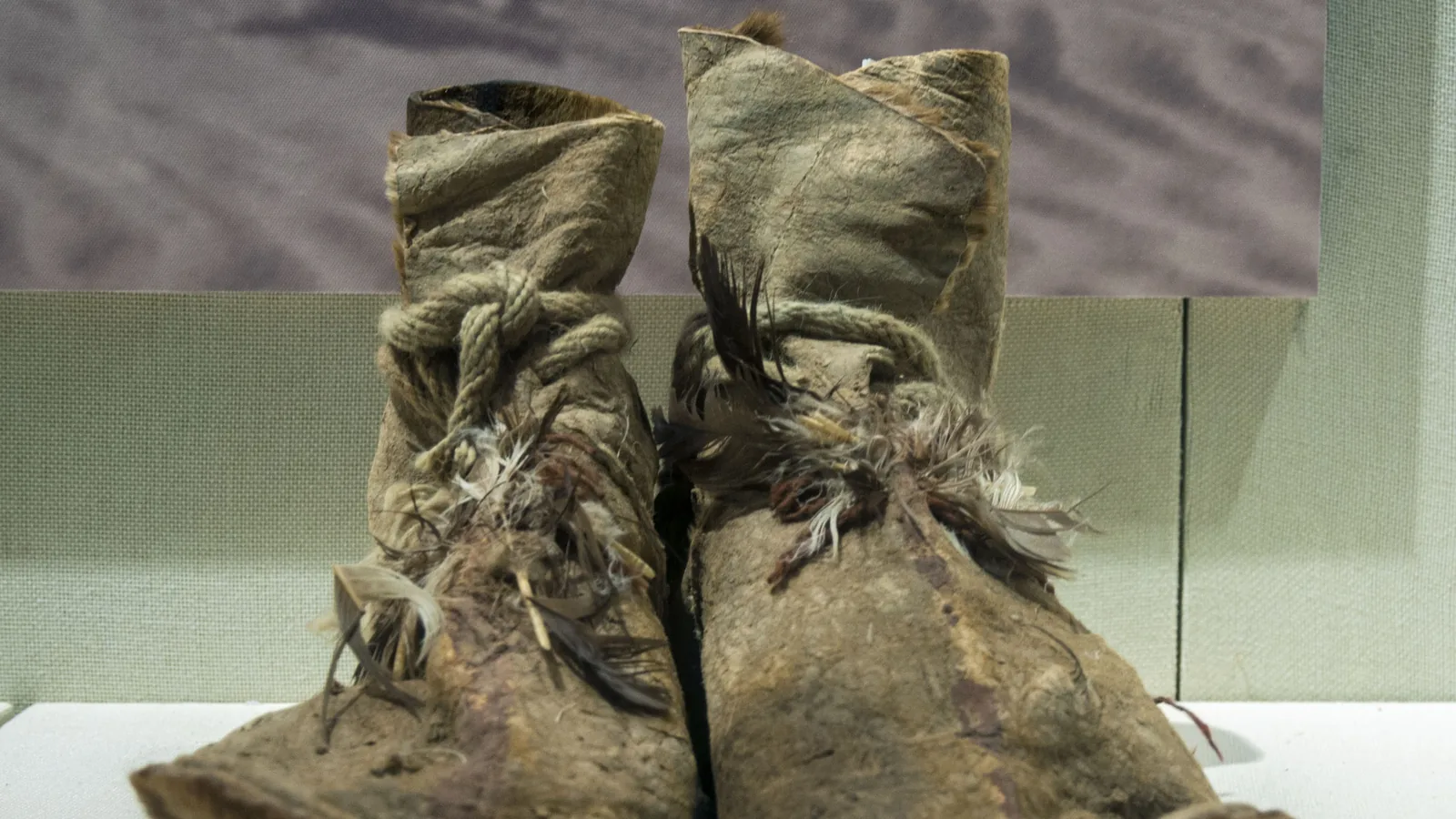 a pair of soft hide boots, fur side in, with feathers tied into the laces, on a museum stand